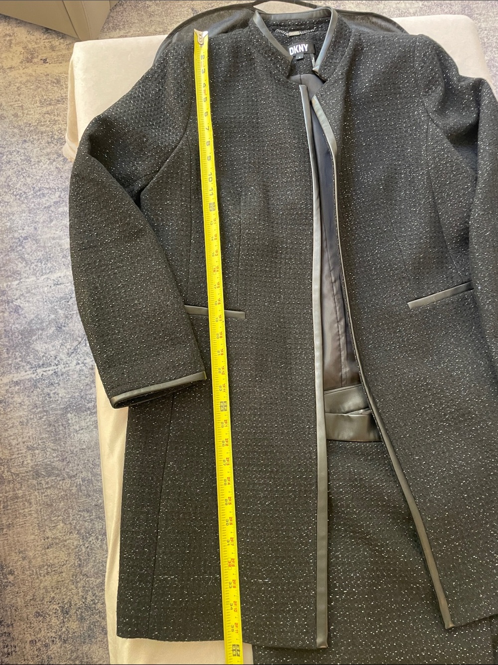 DKNY Black Tweed Collarless Blazer with Leather Trim - Picture 7 of 14